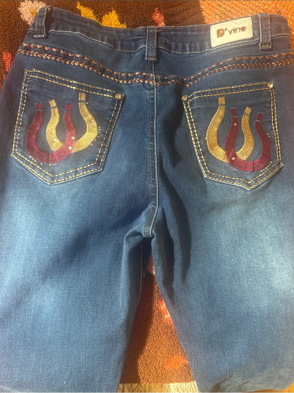 D'Vine Women's Straight Leg Jeans in Dark Blue with Embroidered Pockets